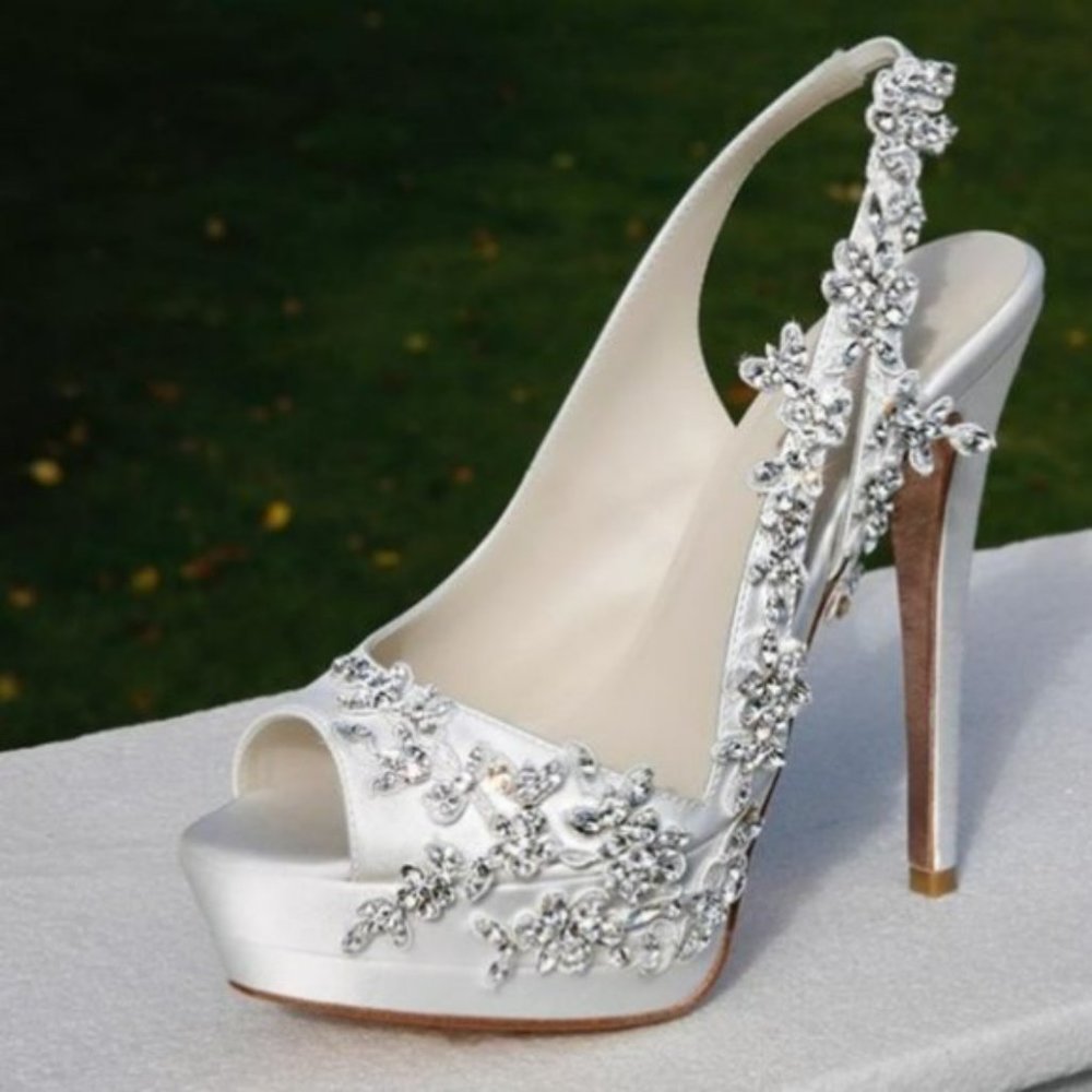 FSJ White Satin Slingback Bridal Heels Rhinestone